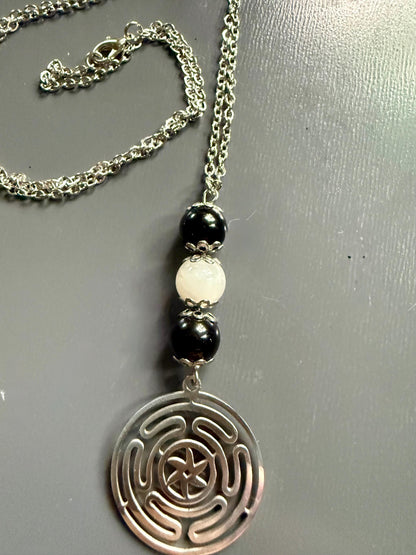 Goddess Hekate’s Wheel Pendant Necklace with Obsidian and Moonstone.