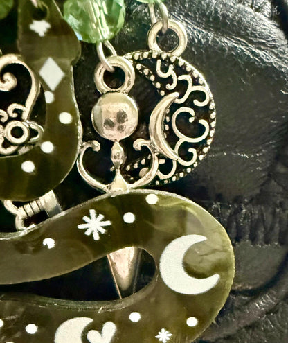 Serpent Talisman Keychain, Iridescent Beads, Pentacle, Moon, Goddess Charm