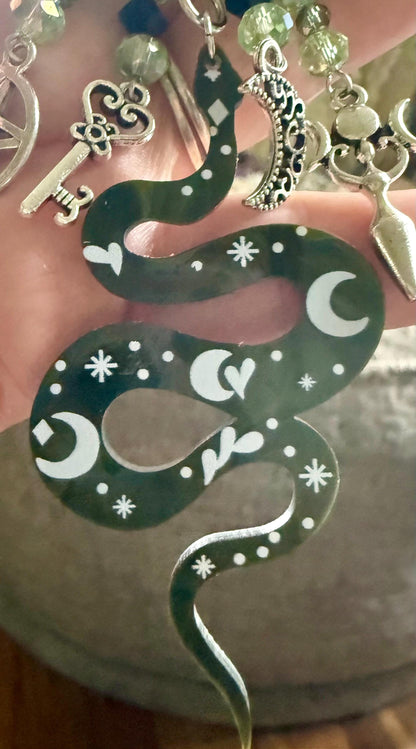 Serpent Talisman Keychain, Iridescent Beads, Pentacle, Moon, Goddess Charm