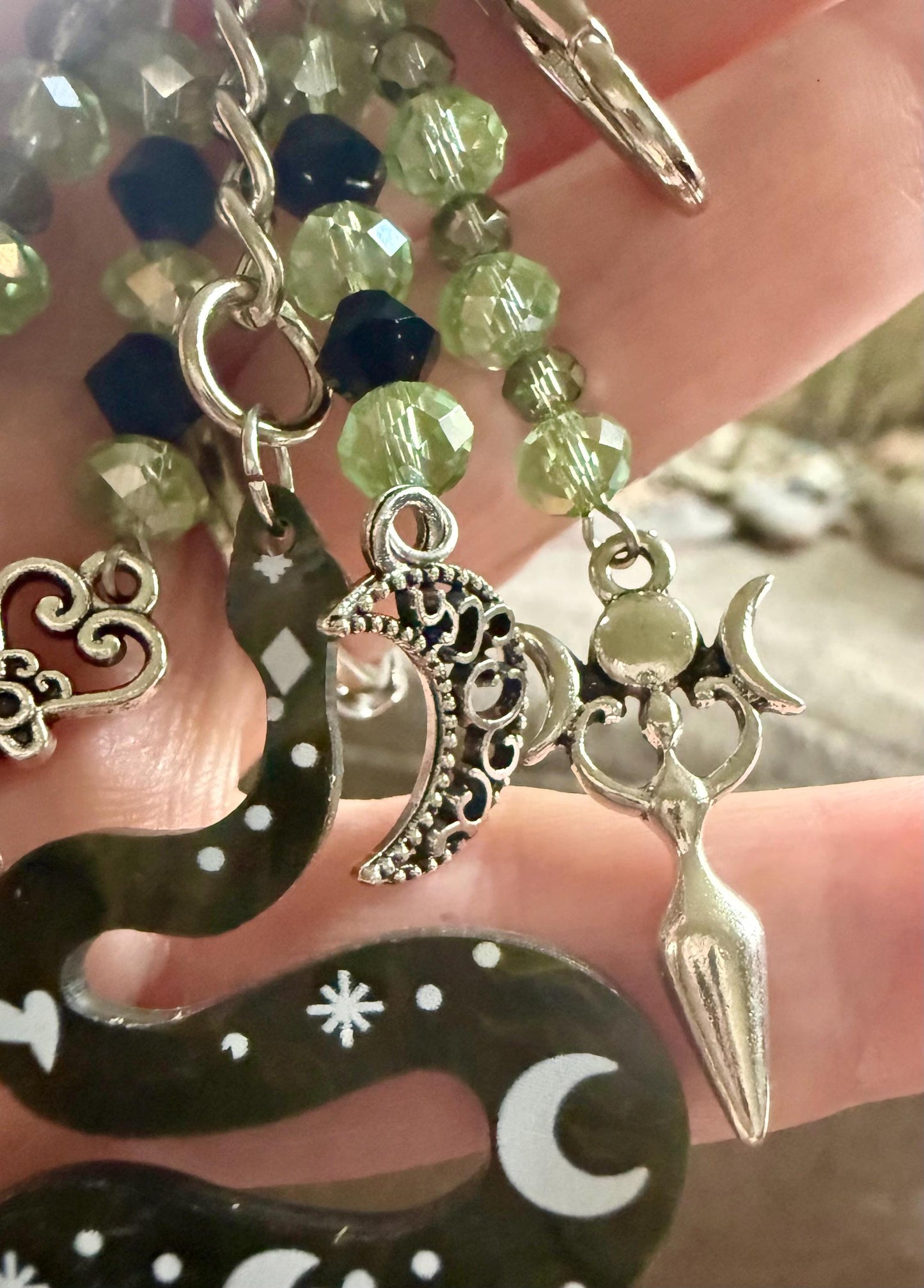 Serpent Talisman Keychain, Iridescent Beads, Pentacle, Moon, Goddess Charm