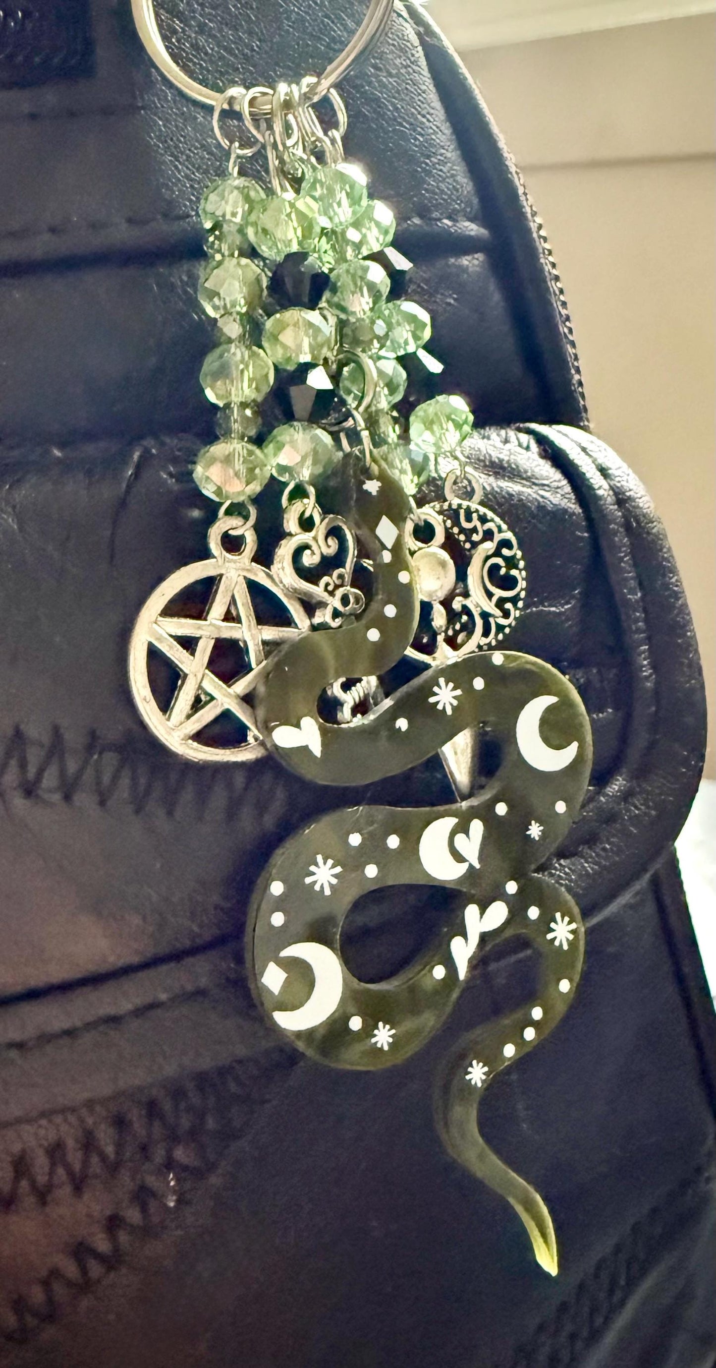 Snake Keychain Purse Charm with Iridescent Glass Beads, Pentacle, Key, Moon, and Goddess Charm.