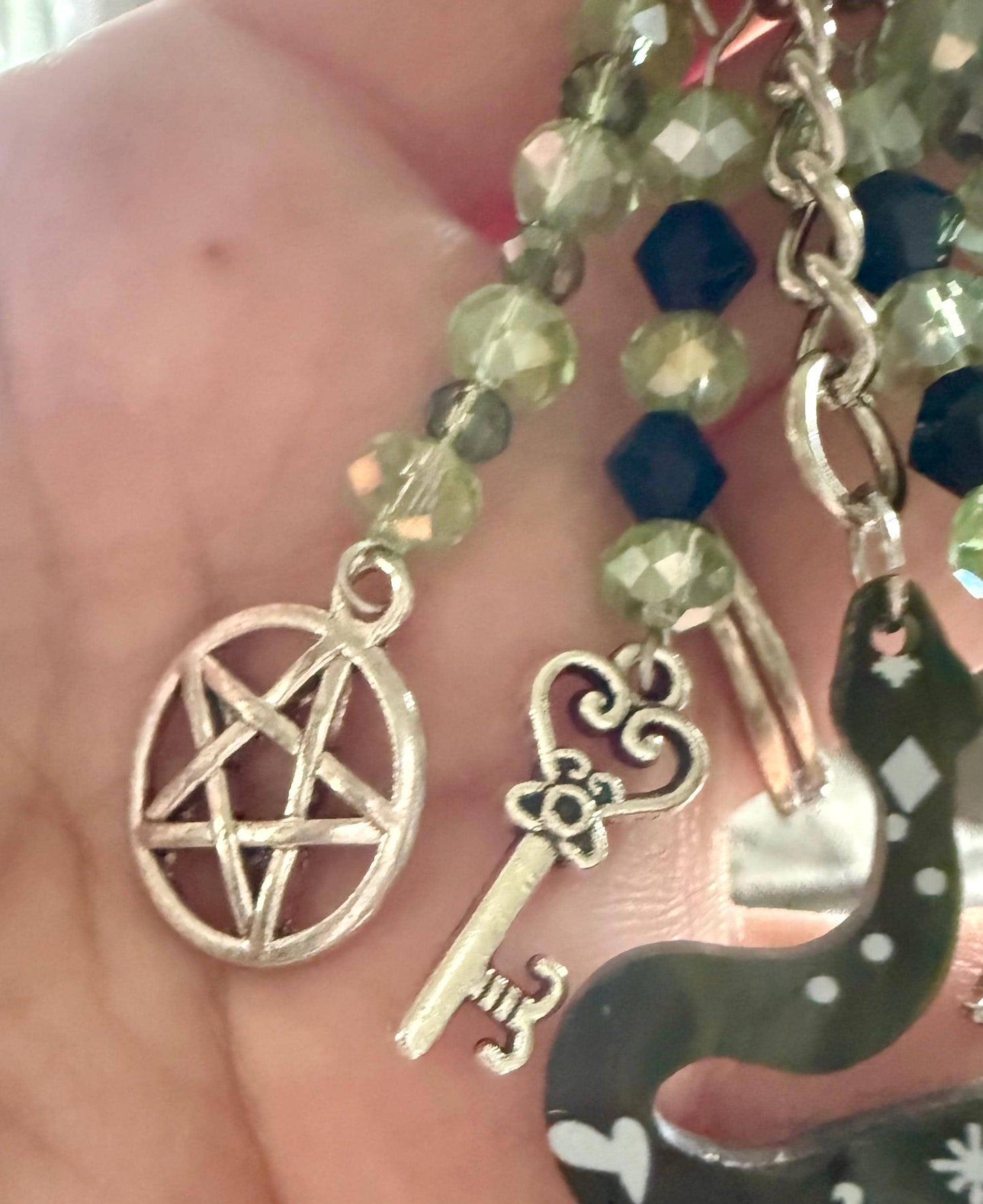 Serpent Talisman Keychain, Iridescent Beads, Pentacle, Moon, Goddess Charm