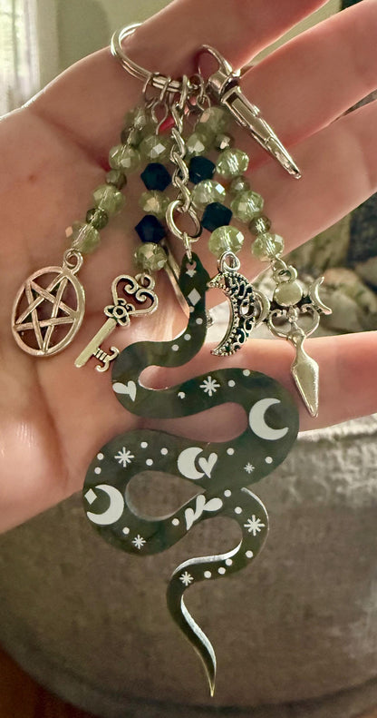 Snake Keychain Purse Charm with Iridescent Glass Beads, Pentacle, Key, Moon, and Goddess Charm.