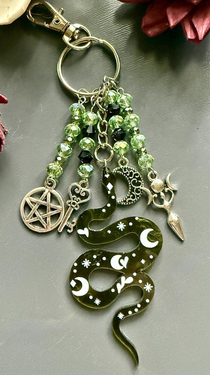 Snake Keychain Purse Charm with Iridescent Glass Beads, Pentacle, Key, Moon, and Goddess Charm.