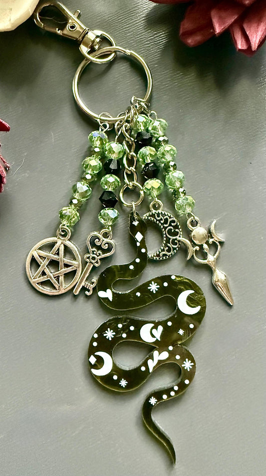 Serpent Talisman Keychain, Iridescent Beads, Pentacle, Moon, Goddess Charm