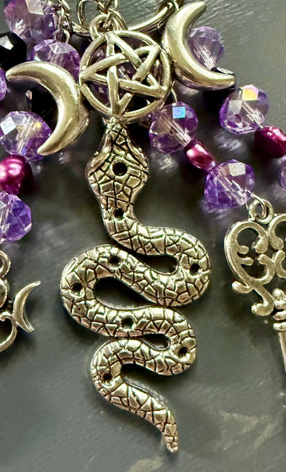 Hekate’s Wheel Talisman Key Chain Beaded Purse Charm with Goddess, Moon, Snake, and Key.