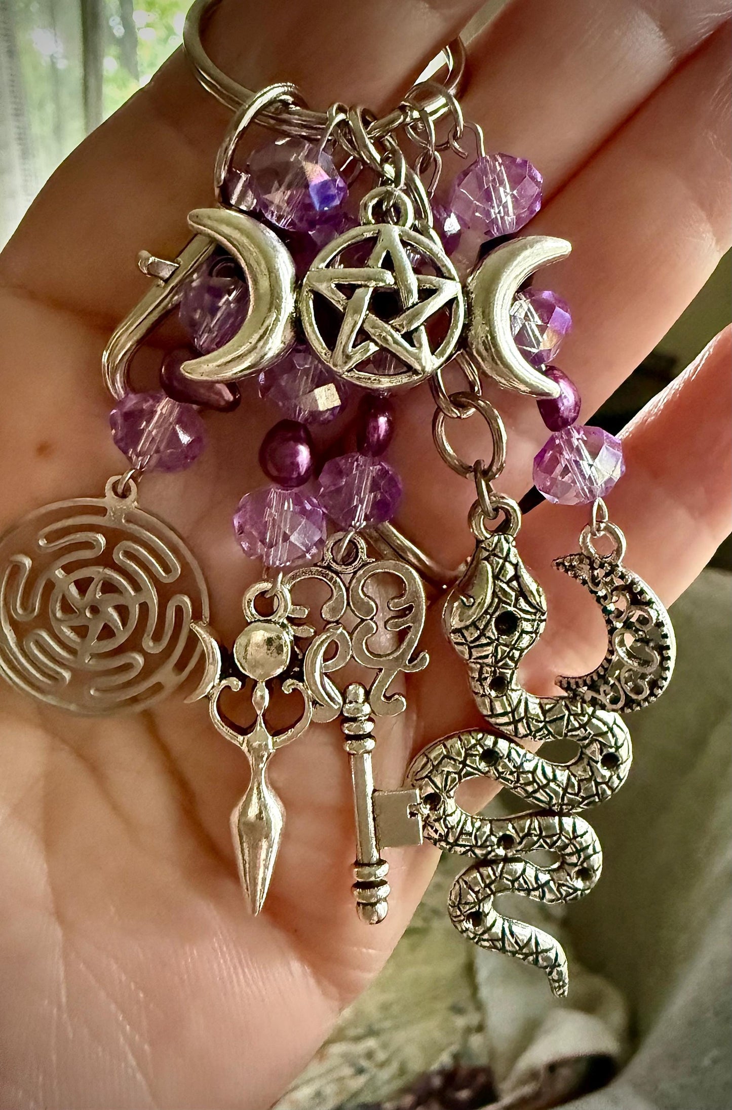Hekate’s Wheel Talisman Key Chain Beaded Purse Charm with Goddess, Moon, Snake, and Key.