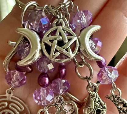 Hekate’s Wheel Talisman Key Chain Beaded Purse Charm with Goddess, Moon, Snake, and Key.