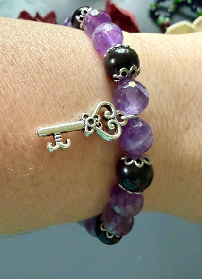 Hekate Devotional Bracelet with Amethyst and Black Obsidian Gemstones.