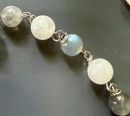 Labradorite Moonstone Pagan or Witchcraft Prayer Beads:  Pentacle,  Goddess, and Moon Charm.