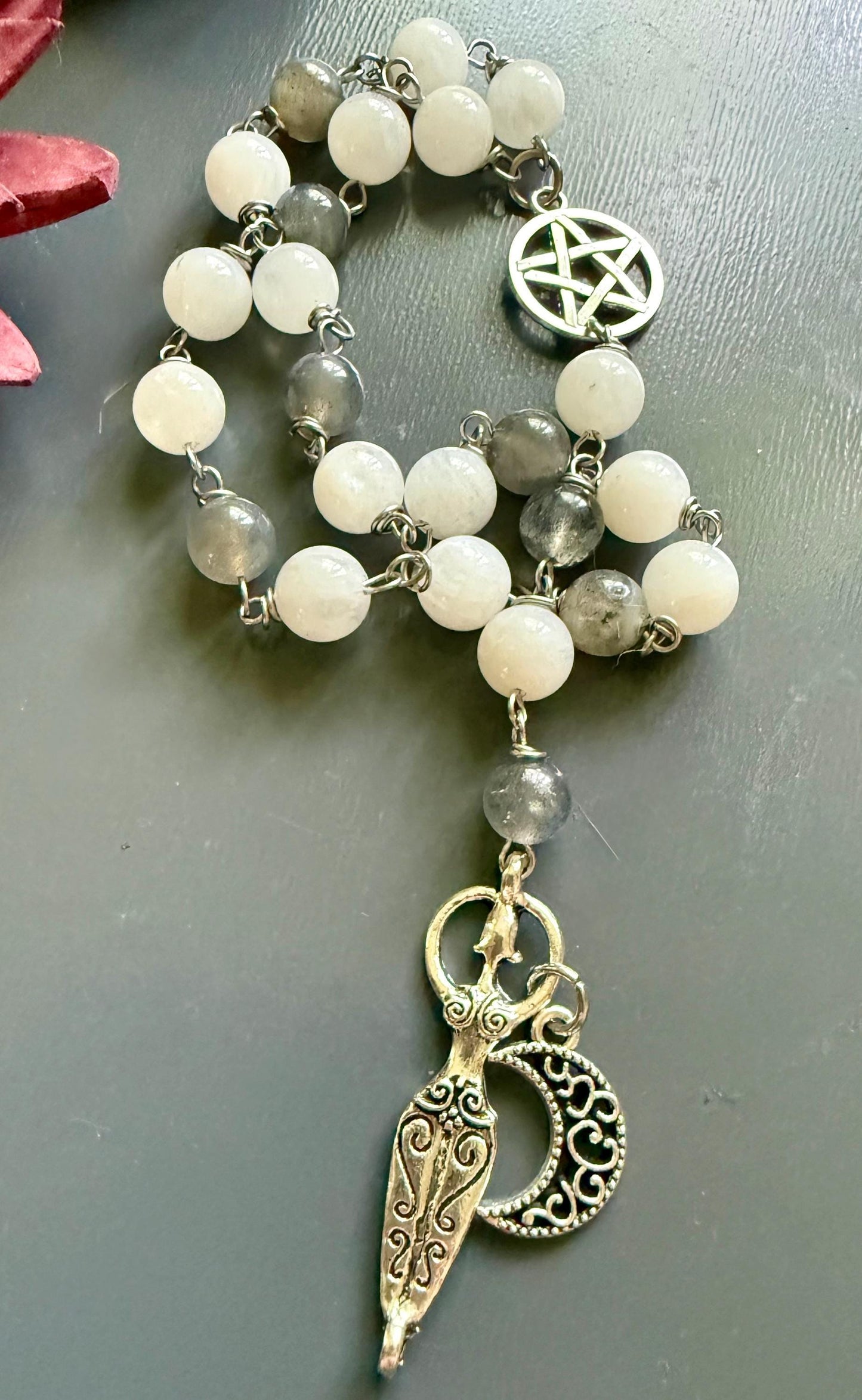 Pagan Witch Rosary with Moonstone, Labradorite, Pentacle, and Moon, and Goddess Charm.