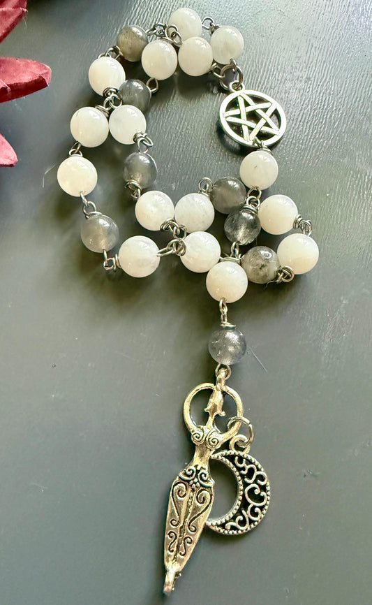 Pagan Witch Rosary with Moonstone, Labradorite, Pentacle, and Moon, and Goddess Charm.