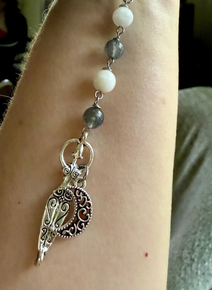 Pagan Witch Rosary with Moonstone, Labradorite, Pentacle, and Moon, and Goddess Charm.