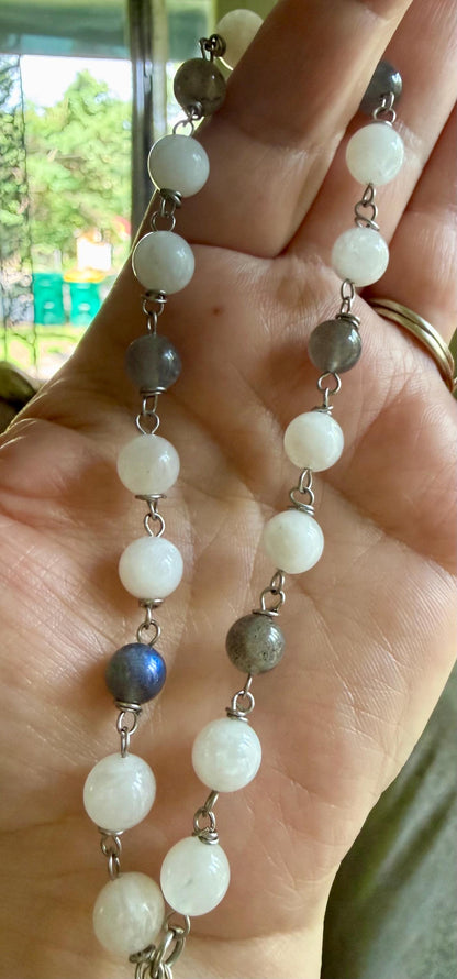 Pagan Witch Rosary with Moonstone, Labradorite, Pentacle, and Moon, and Goddess Charm.
