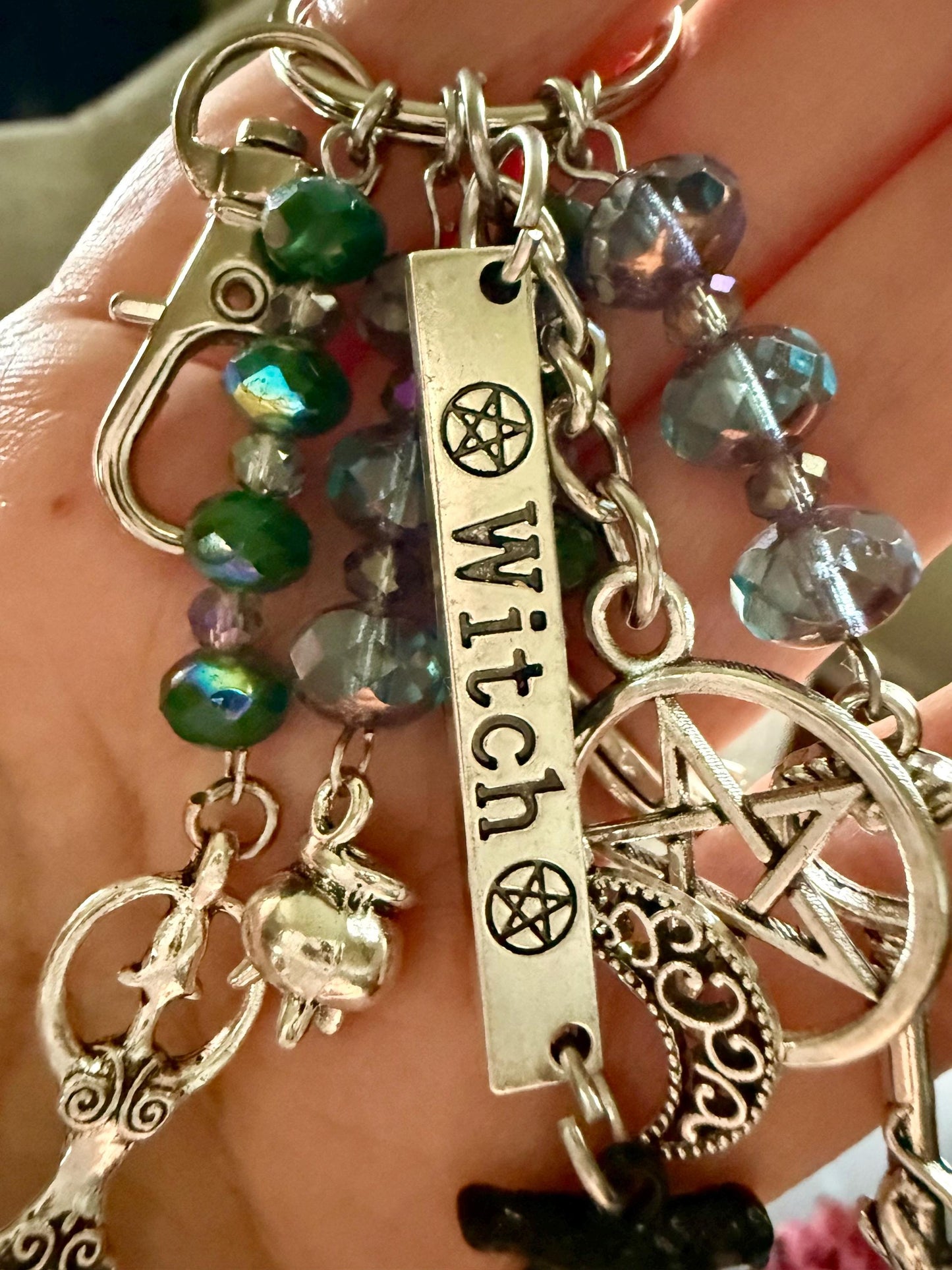 Witch Engraved Key Chain Purse Charm with Iridescent Glass Beads and Witchy Charms.