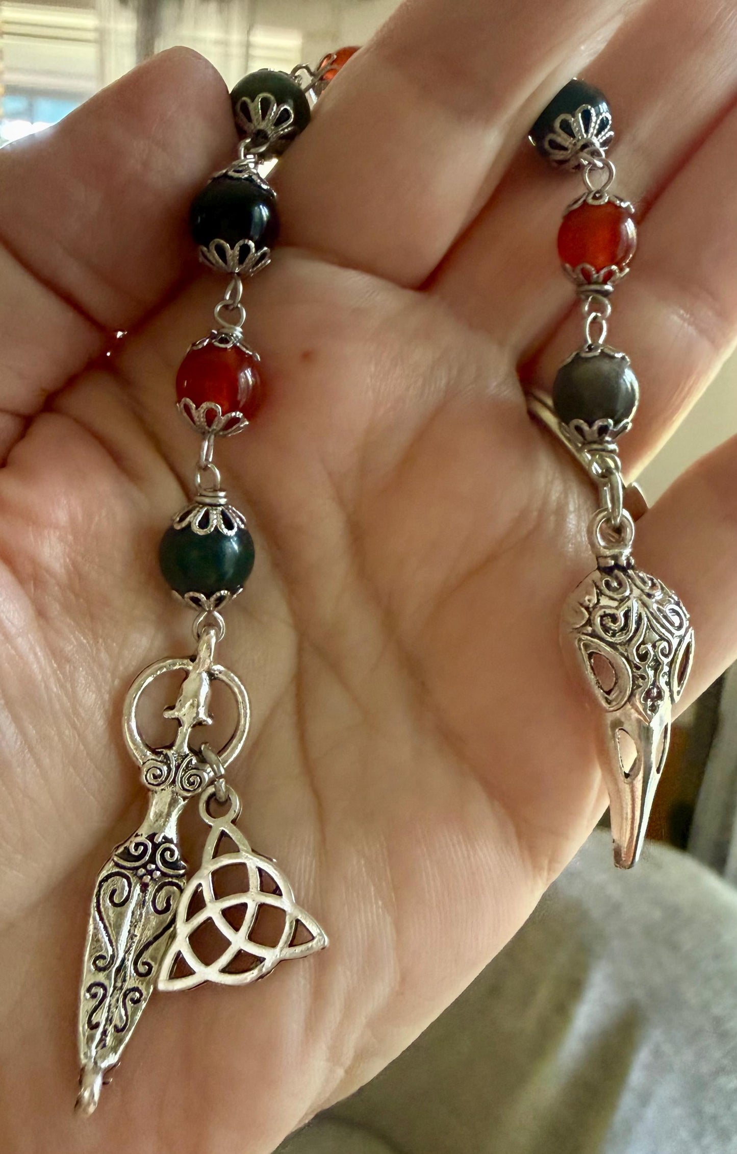 Morrigan Celtic Goddess Prayer Beads: Carnelian, Moss Agate, Obsidian, Crow Skull, and Triquetra Charm.