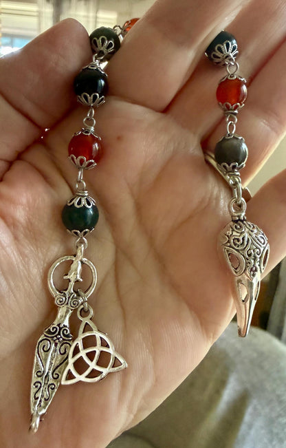 Morrigan Celtic Goddess Prayer Beads: Carnelian, Moss Agate, Obsidian, Crow Skull, and Triquetra Charm.