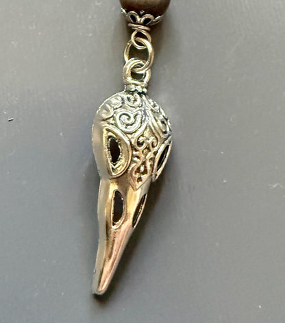Morrigan Celtic Goddess Prayer Beads: Carnelian, Moss Agate, Obsidian, Crow Skull, and Triquetra Charm.