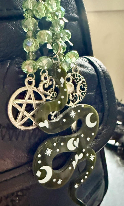 Snake Keychain Purse Charm with Iridescent Glass Beads, Pentacle, Key, Moon, and Goddess Charm.