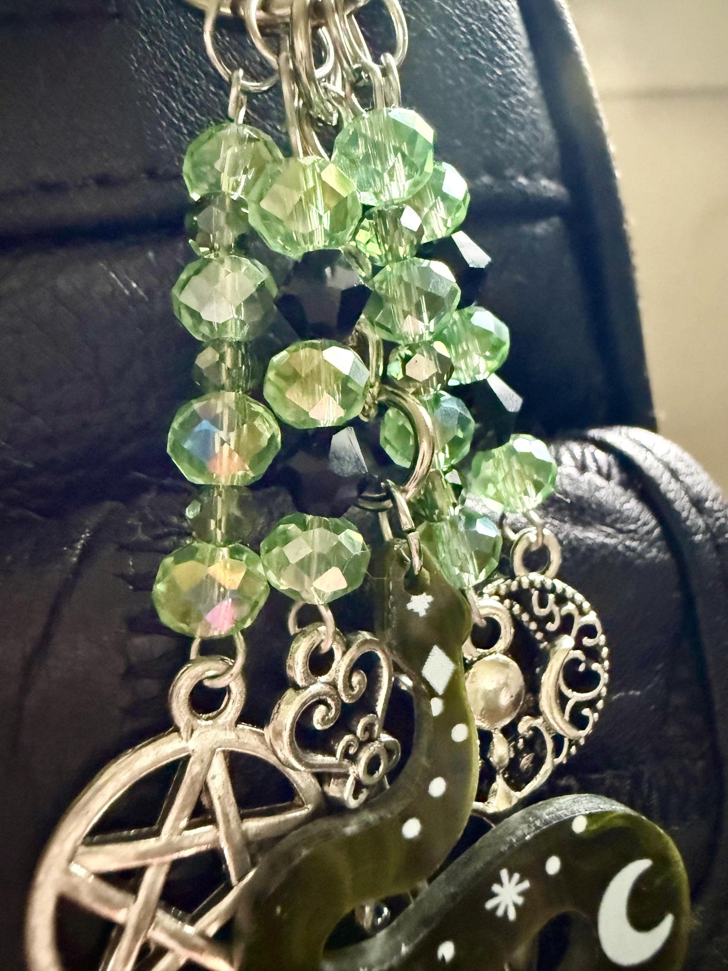 Snake Keychain Purse Charm with Iridescent Glass Beads, Pentacle, Key, Moon, and Goddess Charm.