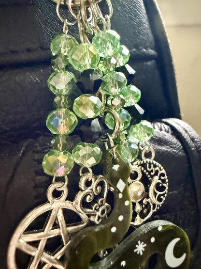 Serpent Talisman Keychain, Iridescent Beads, Pentacle, Moon, Goddess Charm