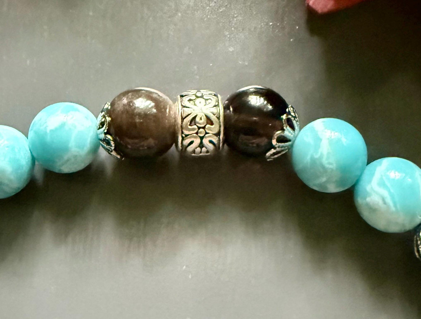 Blue Quartz and Obsidian Beaded Stretch Bracelet with Moon Phases Charm.