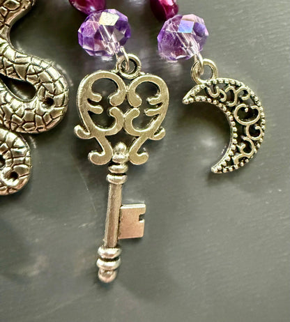 Hekate’s Wheel Talisman Key Chain Beaded Purse Charm with Goddess, Moon, Snake, and Key.