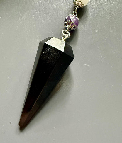 Handmade Greek Goddess Hekate Black Tourmaline Pendulum, Amethyst and Moonstone Beads.