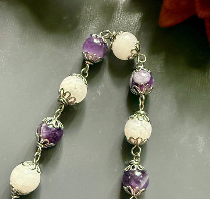 Handmade Greek Goddess Hekate Black Tourmaline Pendulum, Amethyst and Moonstone Beads.
