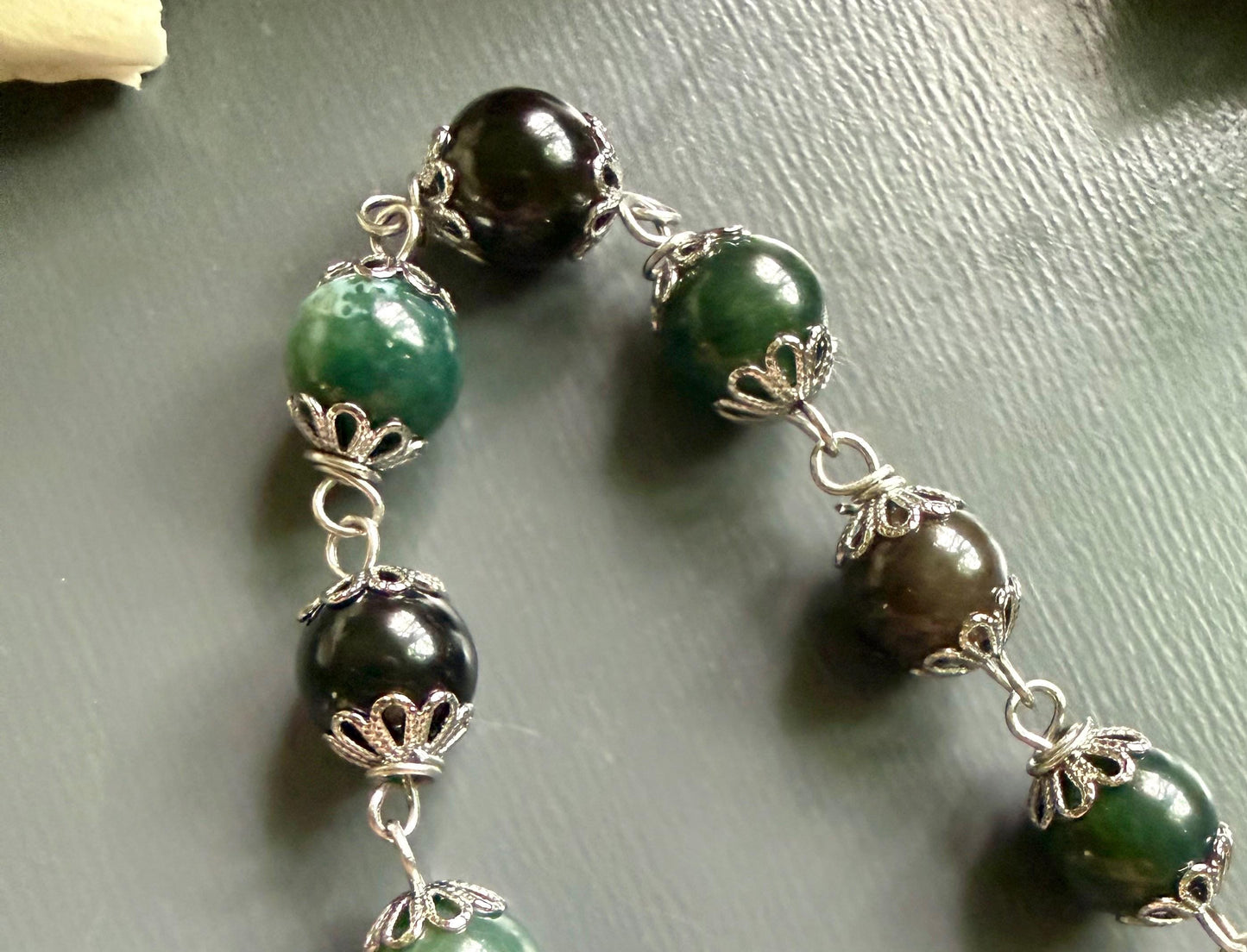 Moss Agate Pendulum with Obsidian Beads, Goddess and Pentacle Charm.