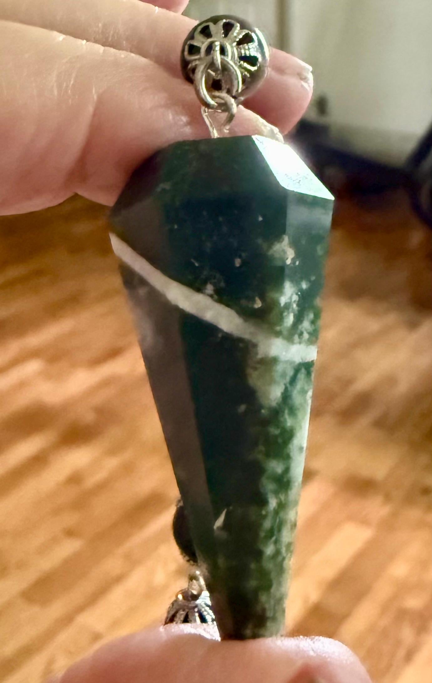 Moss Agate Pendulum with Obsidian Beads, Goddess and Pentacle Charm.