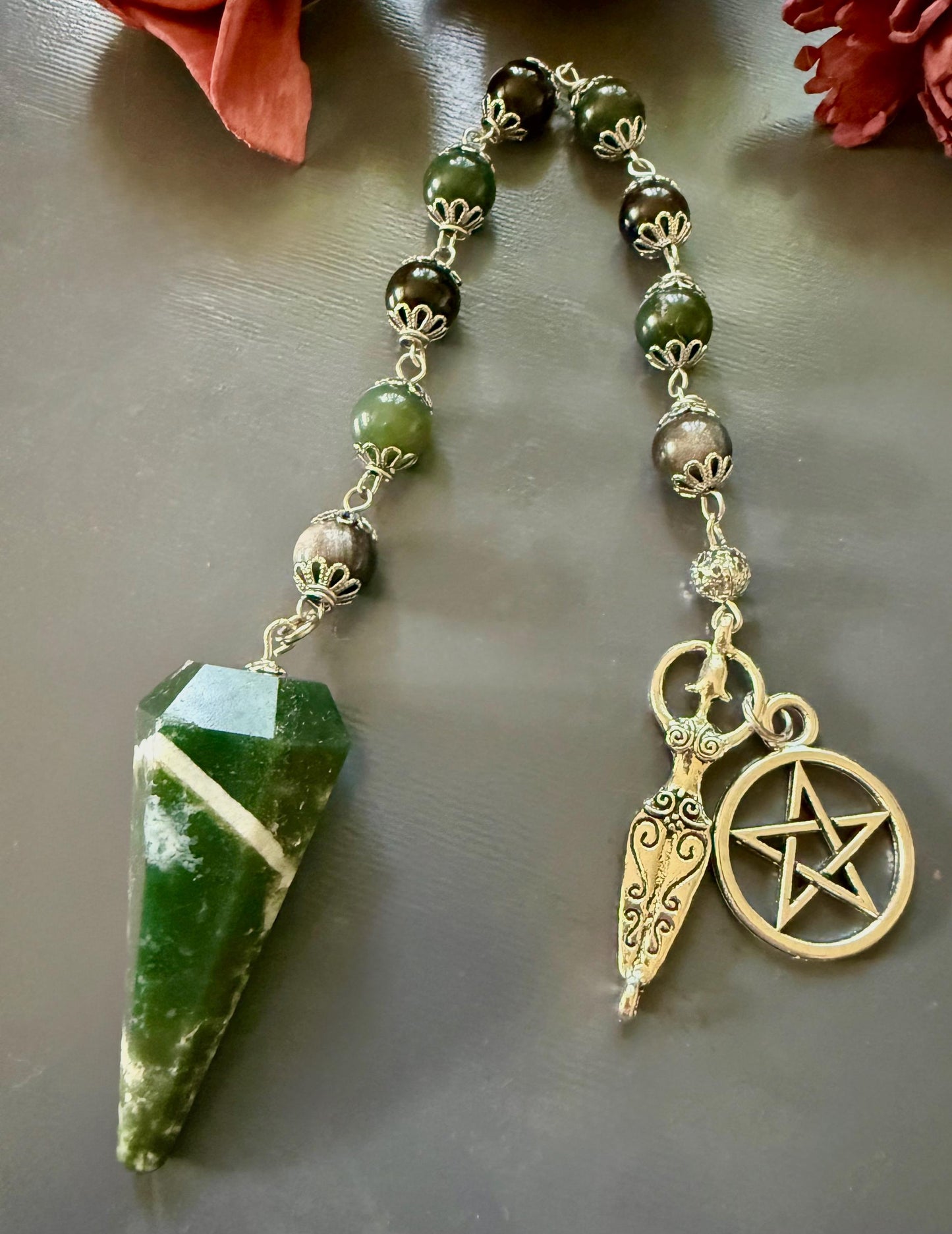 Moss Agate Pendulum with Obsidian Beads, Goddess and Pentacle Charm.