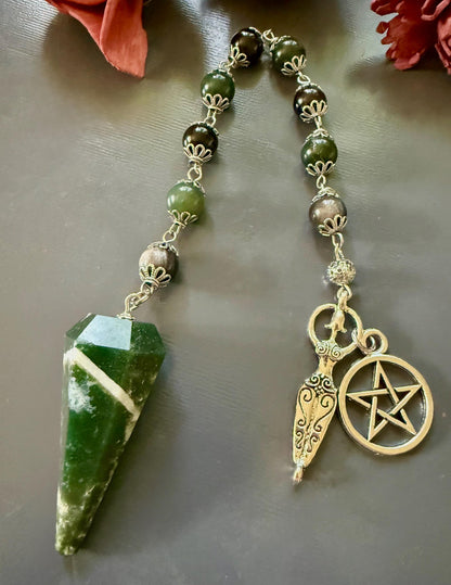 Moss Agate Pendulum with Obsidian Beads, Goddess and Pentacle Charm.