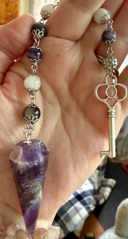 Goddess Hecate Divination Pendulum: Amethyst, Obsidian, Moonstone, and Key Charm.