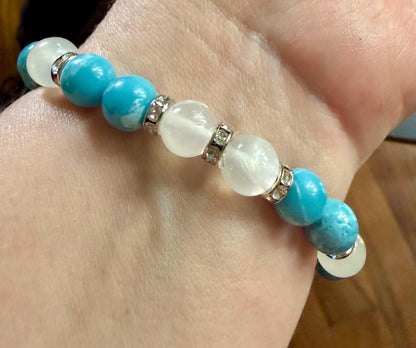 Blue Quartz and Selenite Beaded Stretch Bracelet with Moon Goddess Charm.