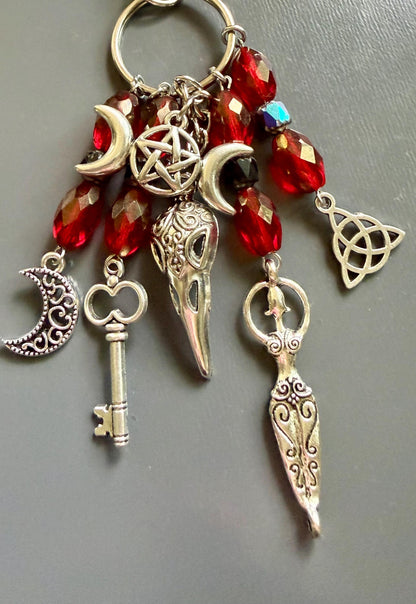 The Morrigan Keychain Bag Charm with Iridescent Glass Beads.