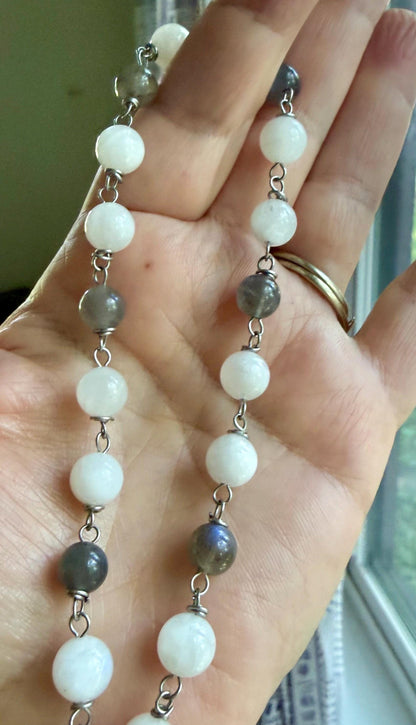 Pagan Witch Rosary with Moonstone, Labradorite, Pentacle, and Moon, and Goddess Charm.