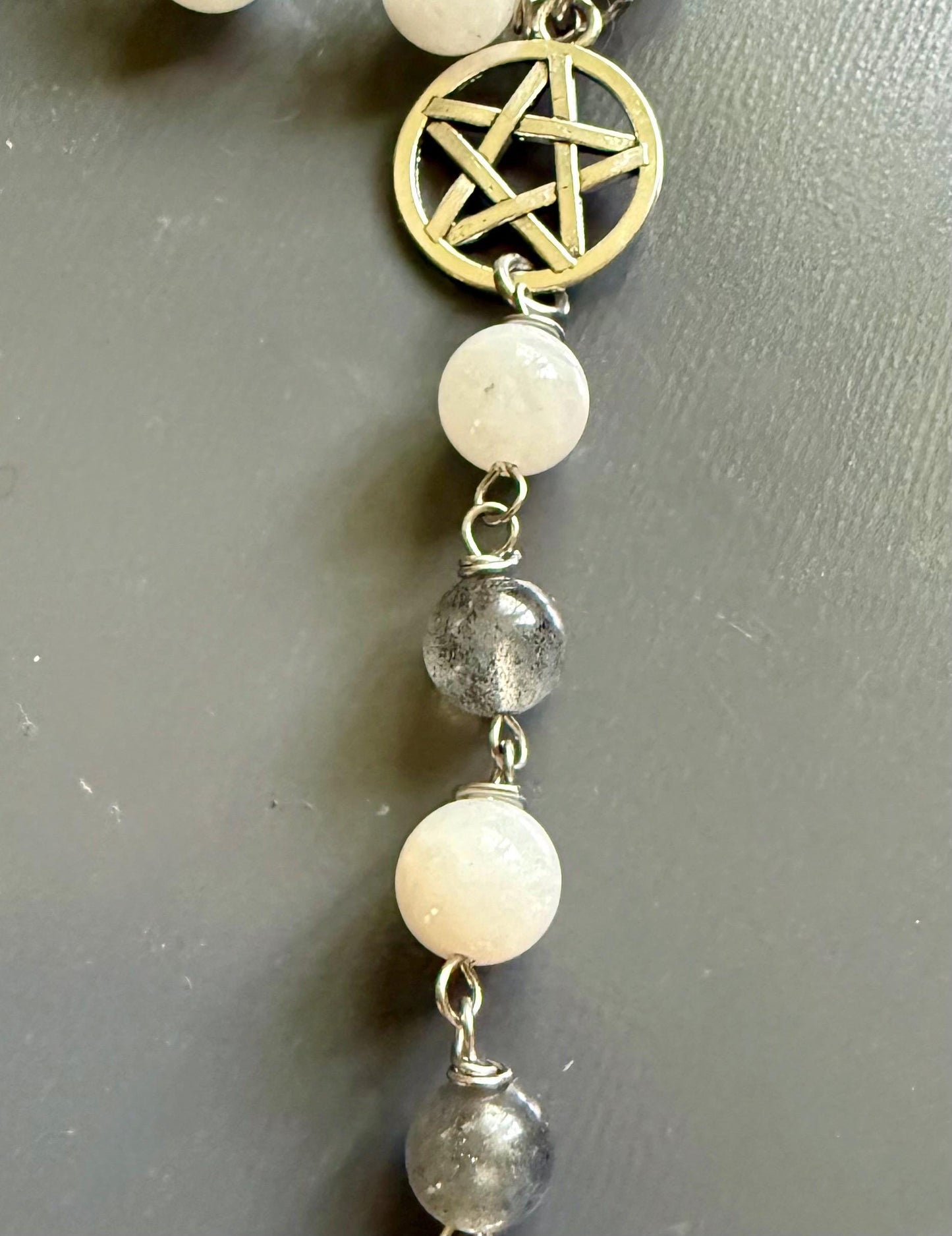 Pagan Witch Rosary with Moonstone, Labradorite, Pentacle, and Moon, and Goddess Charm.