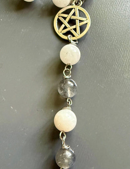 Pagan Witch Rosary with Moonstone, Labradorite, Pentacle, and Moon, and Goddess Charm.