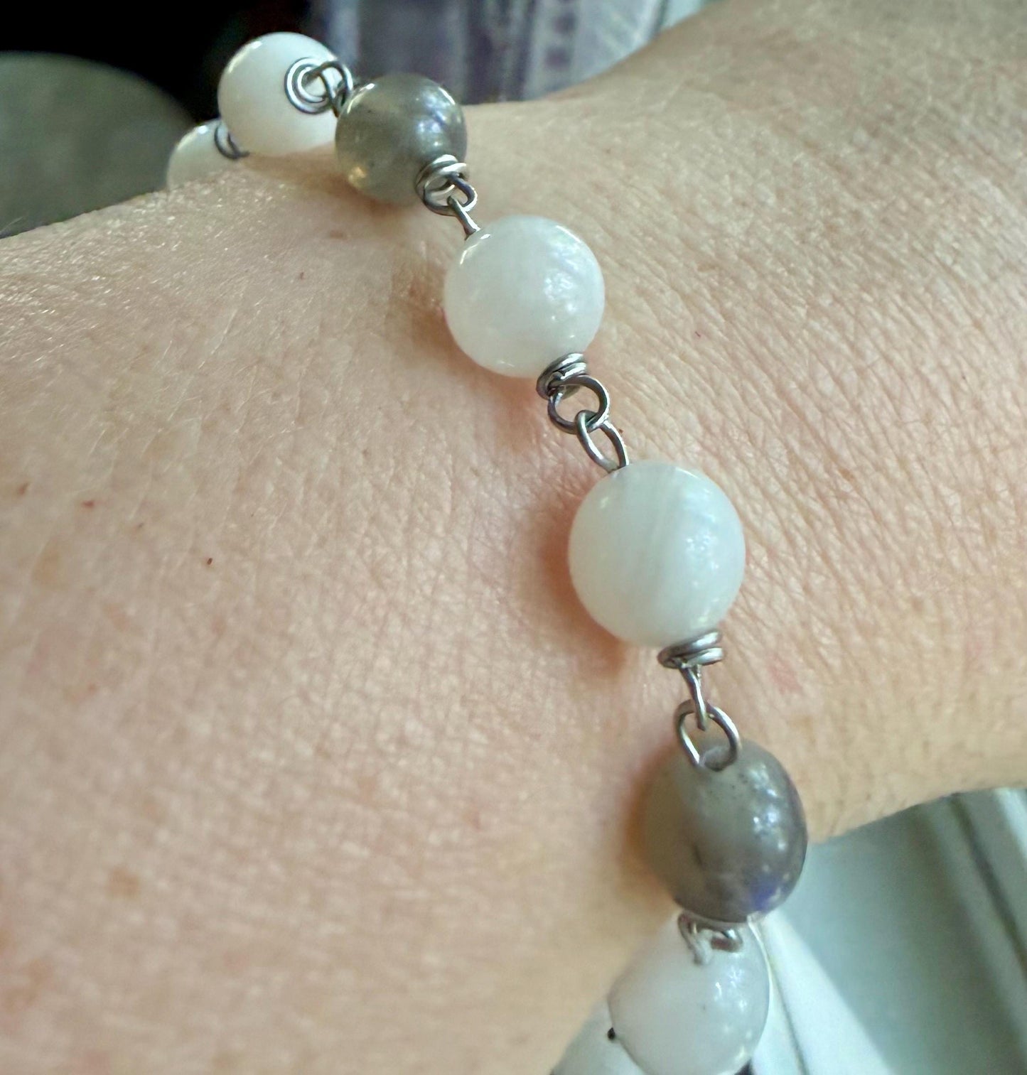 Pagan Witch Rosary with Moonstone, Labradorite, Pentacle, and Moon, and Goddess Charm.