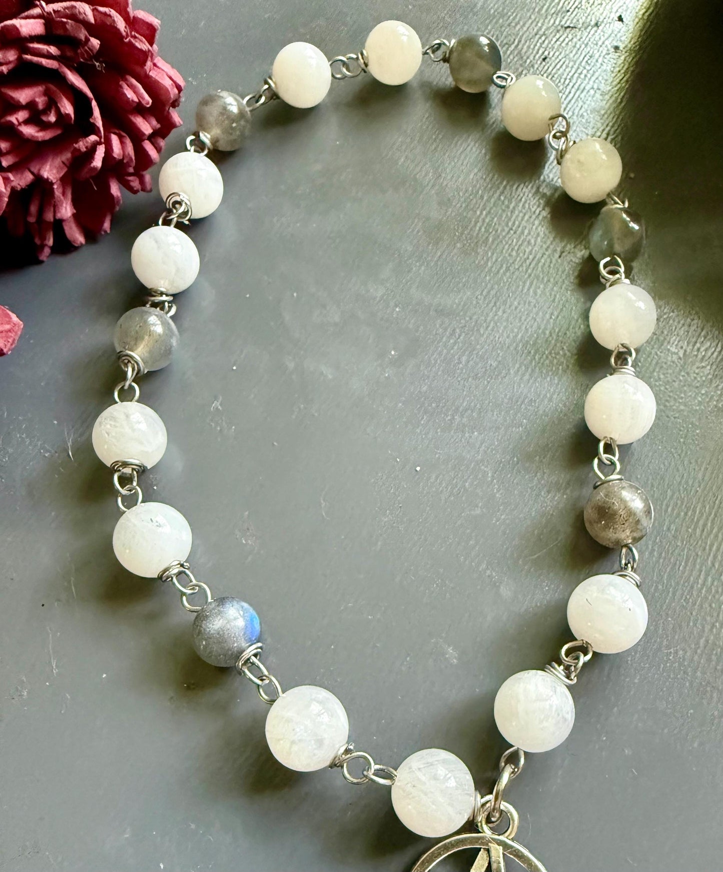 Pagan Witch Rosary with Moonstone, Labradorite, Pentacle, and Moon, and Goddess Charm.