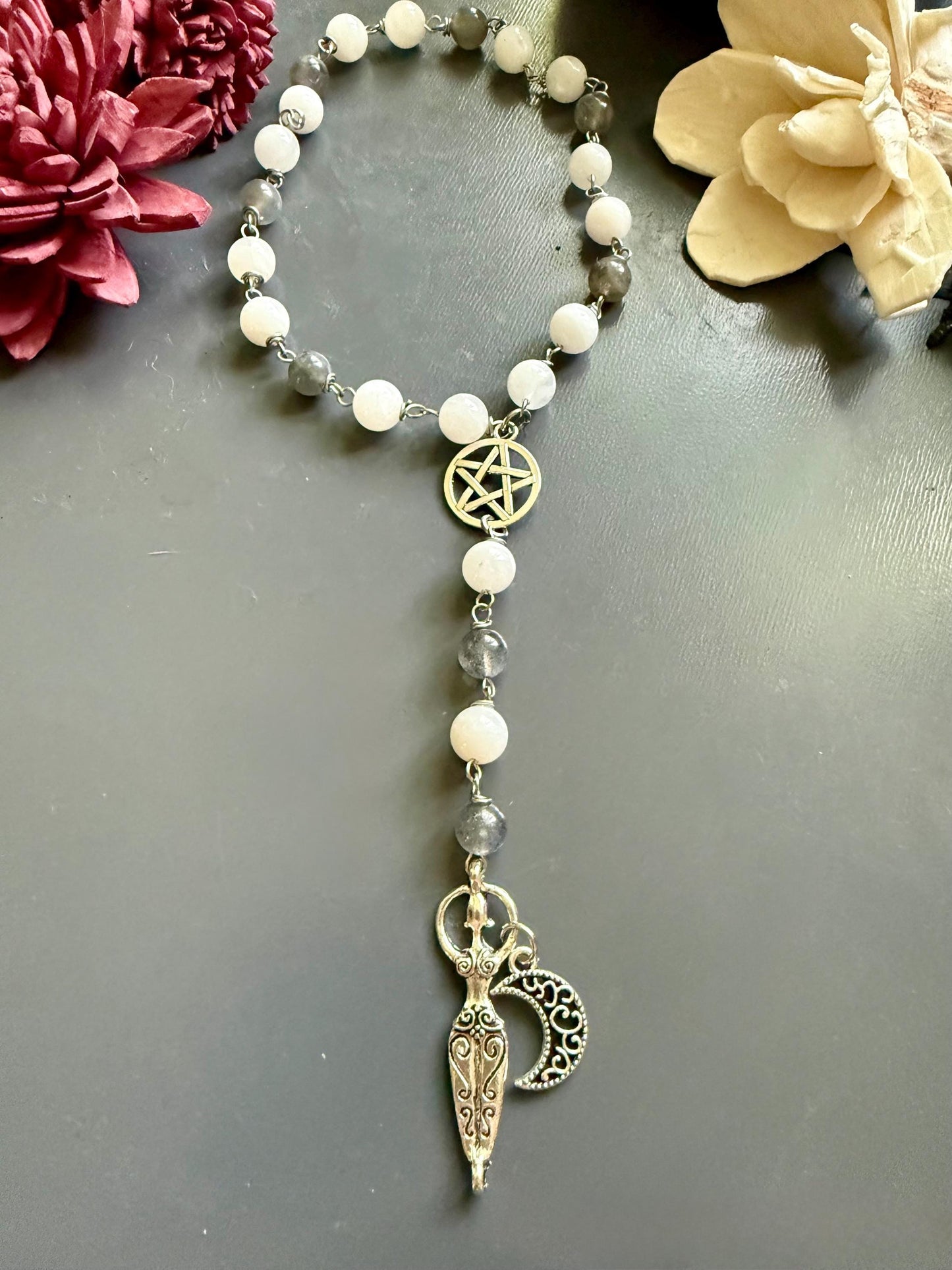 Pagan Witch Rosary with Moonstone, Labradorite, Pentacle, and Moon, and Goddess Charm.
