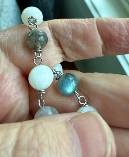 Pagan Witch Rosary with Moonstone, Labradorite, Pentacle, and Moon, and Goddess Charm.