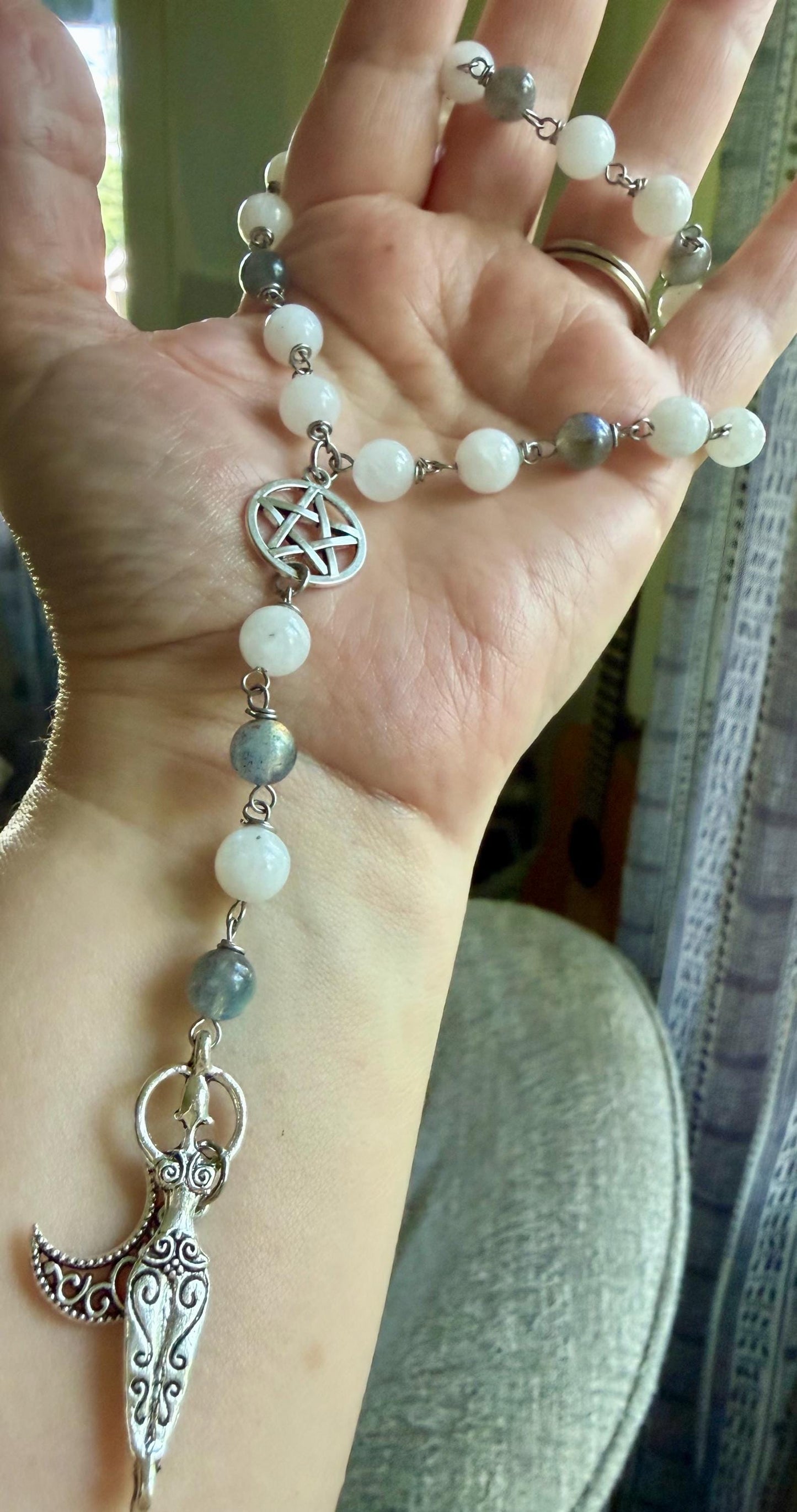 Pagan Witch Rosary with Moonstone, Labradorite, Pentacle, and Moon, and Goddess Charm.