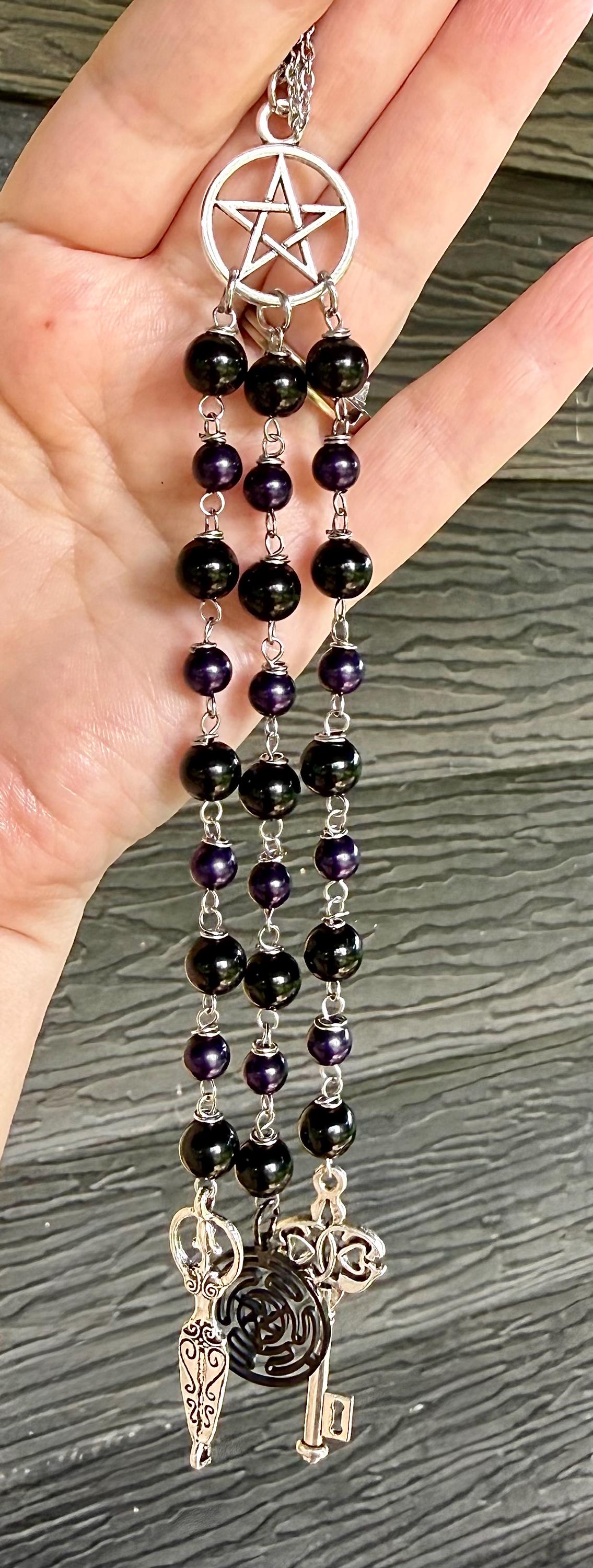 Hekate’s Wheel Car Charm with Obsidian, Purple Glass Beads, Goddess, and Key Charm.