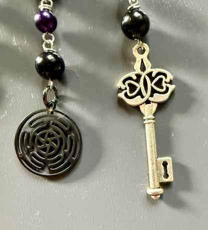 Hekate’s Wheel Car Charm with Obsidian, Purple Glass Beads, Goddess, and Key Charm.
