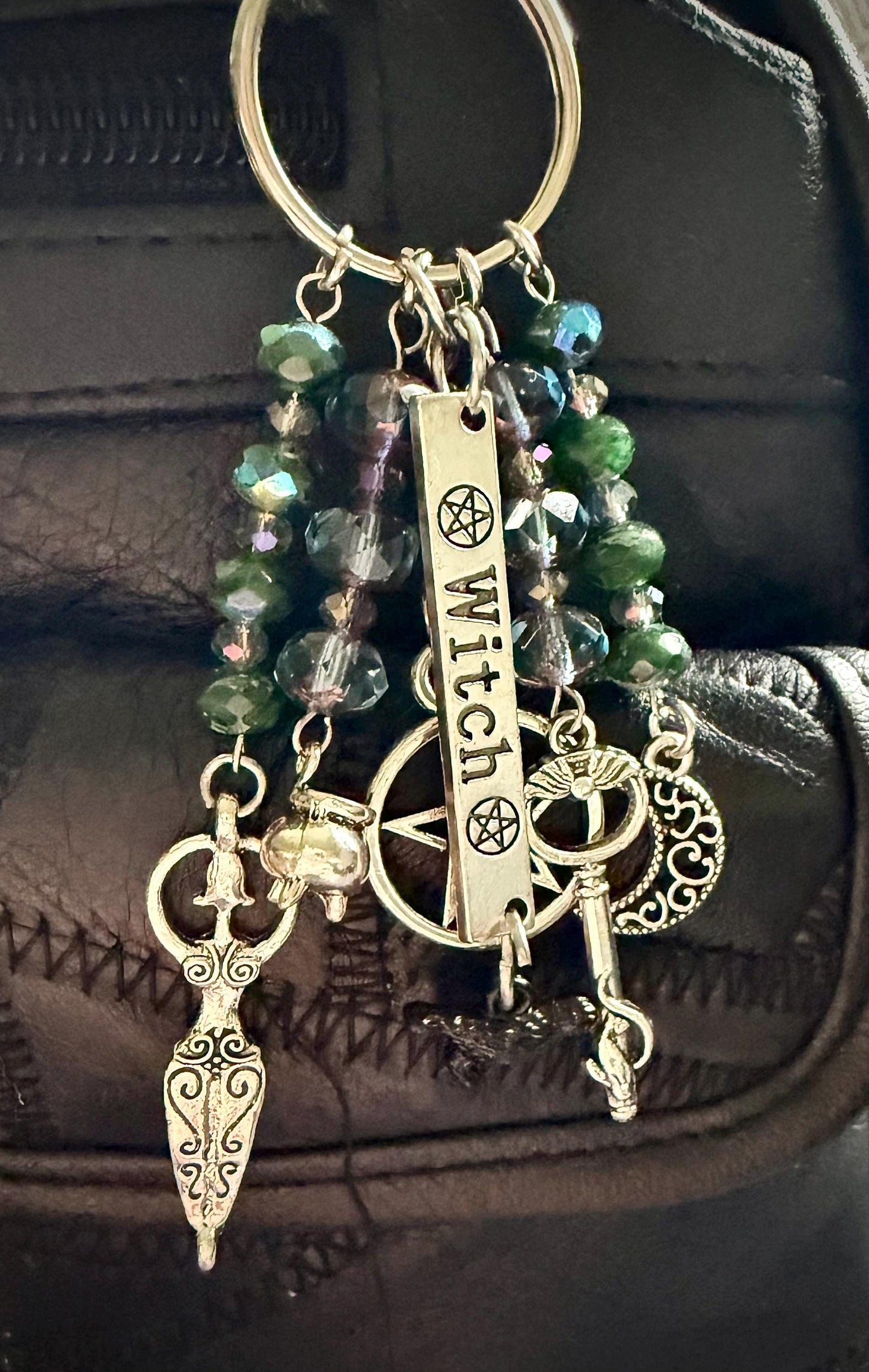 Witch Engraved Key Chain Purse Charm with Iridescent Glass Beads and Witchy Charms.