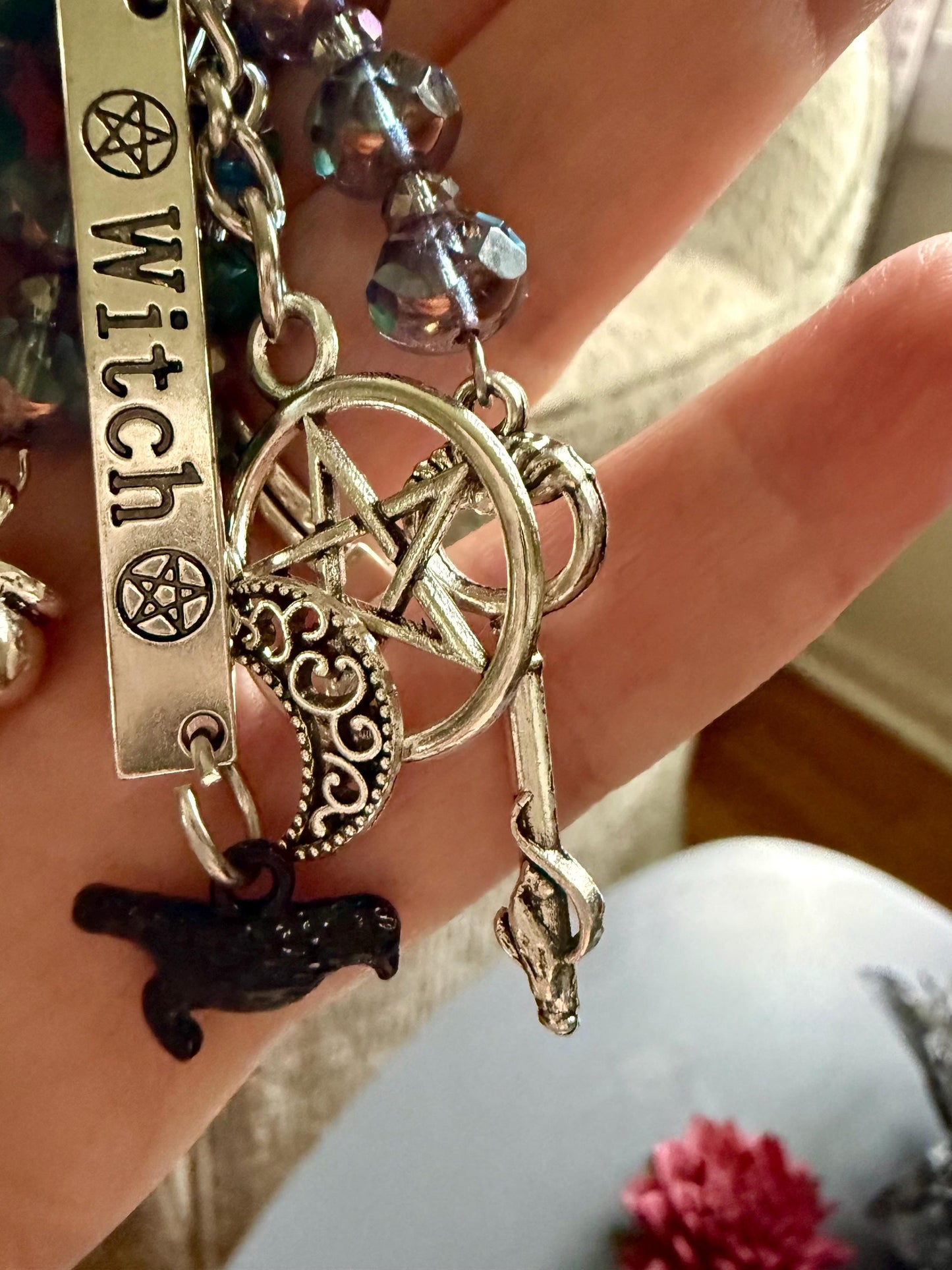 Witch Engraved Key Chain Purse Charm with Iridescent Glass Beads and Witchy Charms.
