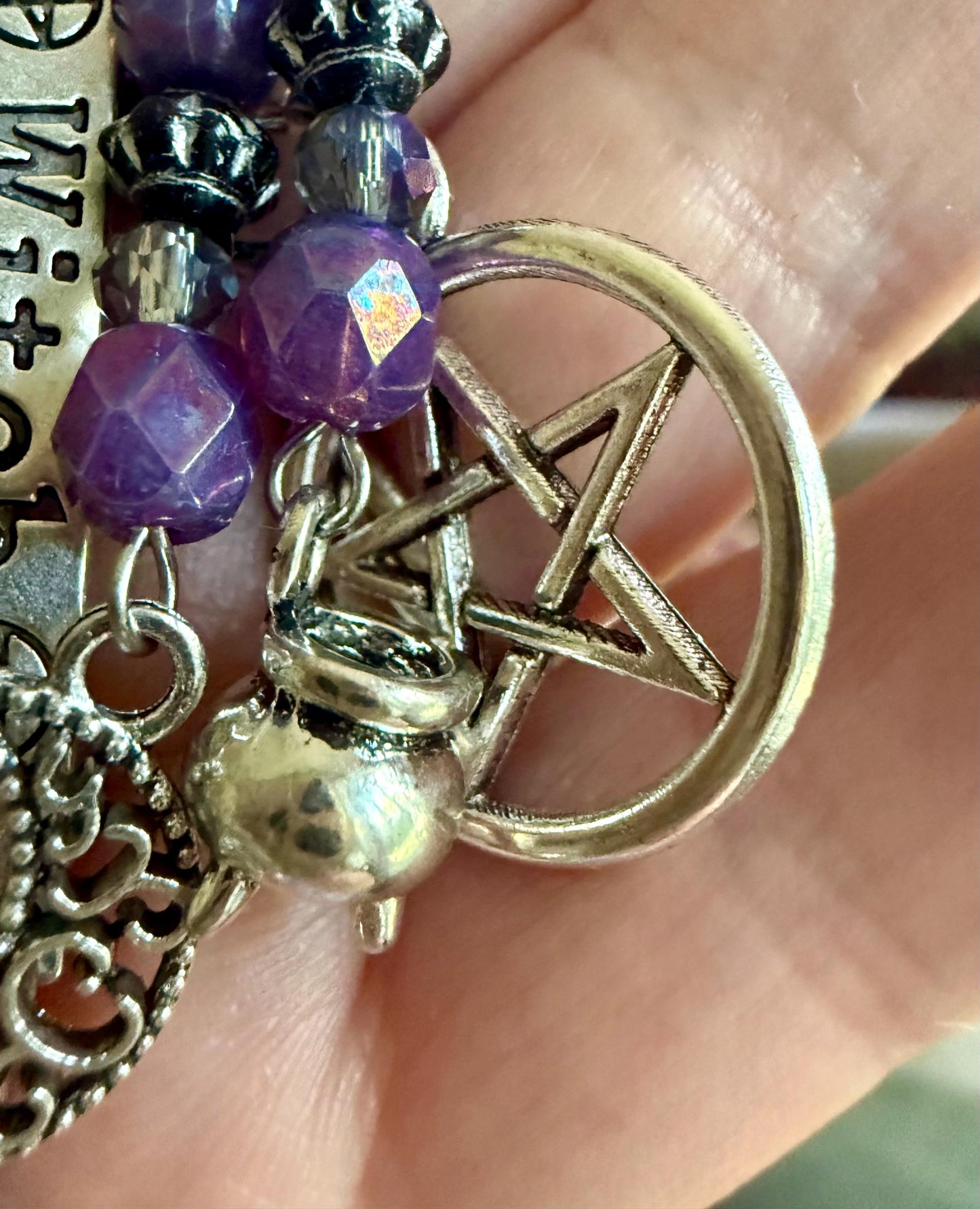 Witch Engraved Keychain Bag Charm with Iridescent Purple Beads and Witchy Charms.