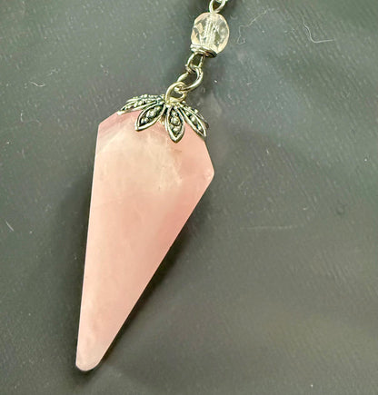 Rose Quartz Pendulum Point with Crystal Glass Beads, Goddess and Heart Charm.